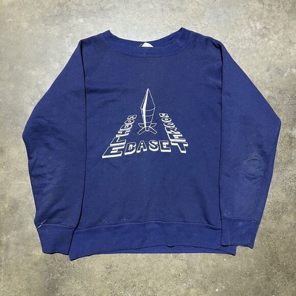 Vintage 70s Mobile Rocket Base Blue Two Tone Sweatshirt - Picture 1 of 4